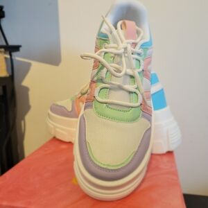 Pastel Multi-Color Platform Sneakers - White with Mint, Pink & Lavender